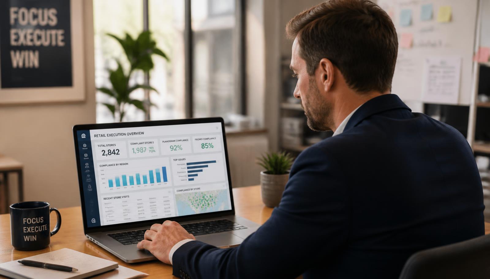Gestor analisando indicadores de execução em PDV no notebook
